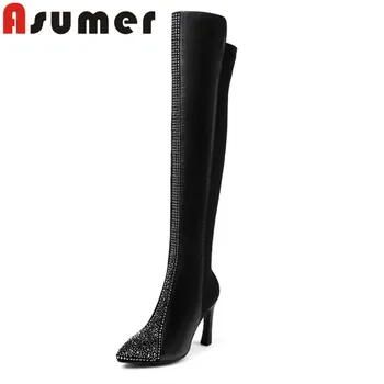 

ASUMER 2020 lady's crystal genuine leather boots high heels winter high heels boots high quality classic over the knee boots