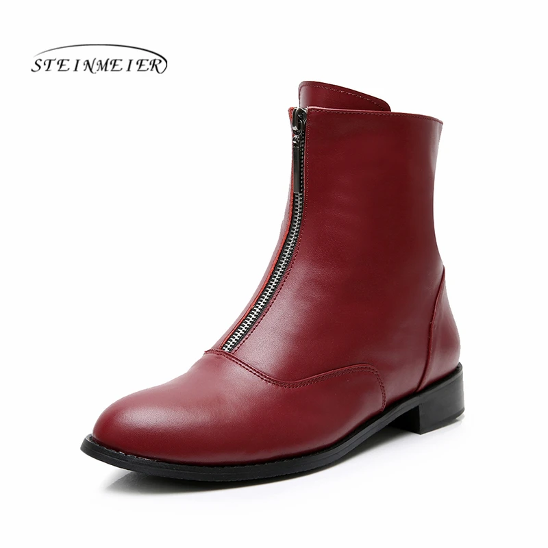 

Women flat zip Boots Genuine leather Ankle short black autumn boots for women slip on winter boots 2019 shoes chelsea boots