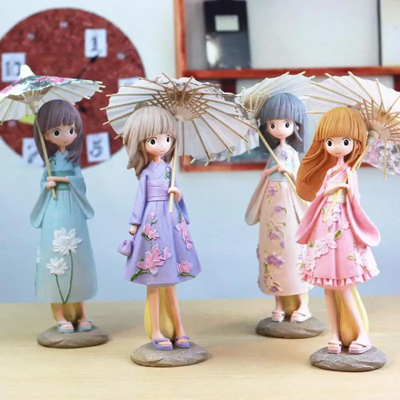 

1pcs Creative H-25.5cm Japanese Kimono Umbrella Girl Resin Figurines Ornaments Gifts Toys Girl Gift Students Bedroom Decoration