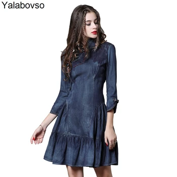 

Denim Stand Neck Dresses Long Vintage Mini Slim Dress Three Quarter Sleeves Retro button National wind Dresses for woman A50Z20