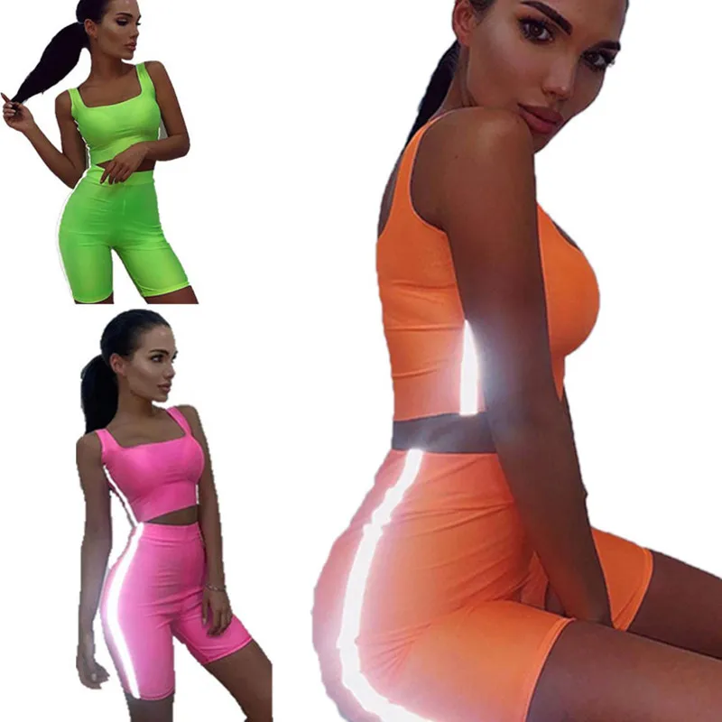 

Women Neon Set Fitness Shorts Jogger T-shirt 2piece/Set Fashion Sweatpants Ensemble Casual Clothes Loose Size