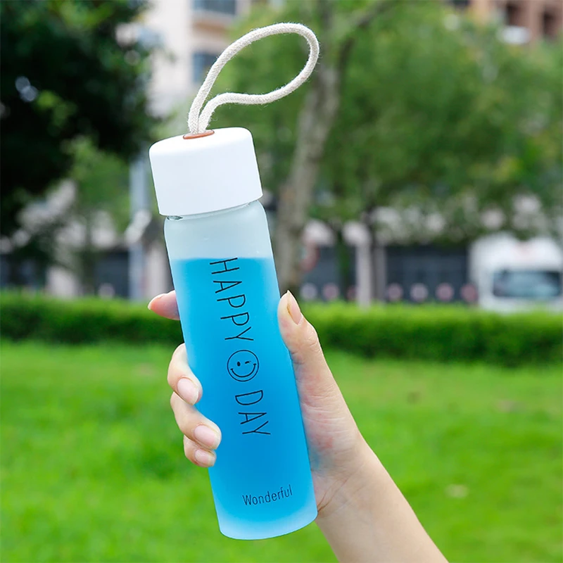 360 мл модная стеклянная бутылка для воды со смайликом простая портативная чашка для воды веревка Однослойная термостойкая матовая стеклянная