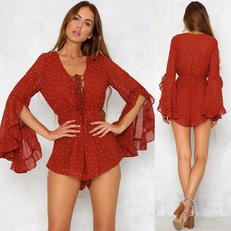 yinlinhe Red Polka Dot Playsuit Women Lace Up Hollow Out Flare Sleeve Short Jumpsuit Women V neck Boho Elegant Rompers