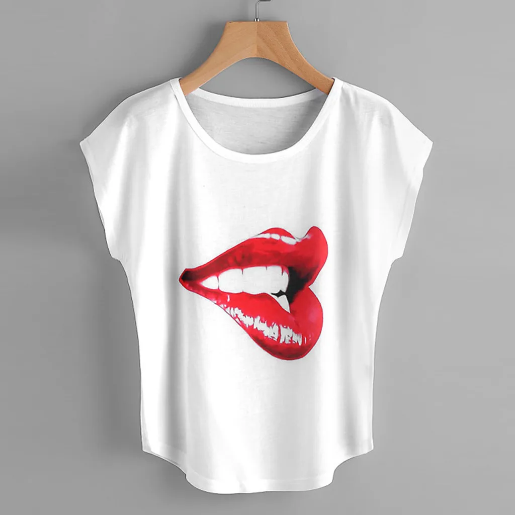

New Women Short Sleeve Round Neck pure Color Mouth printed T-shirt Casual T-shirts vogue t shirt Polyester Print Short