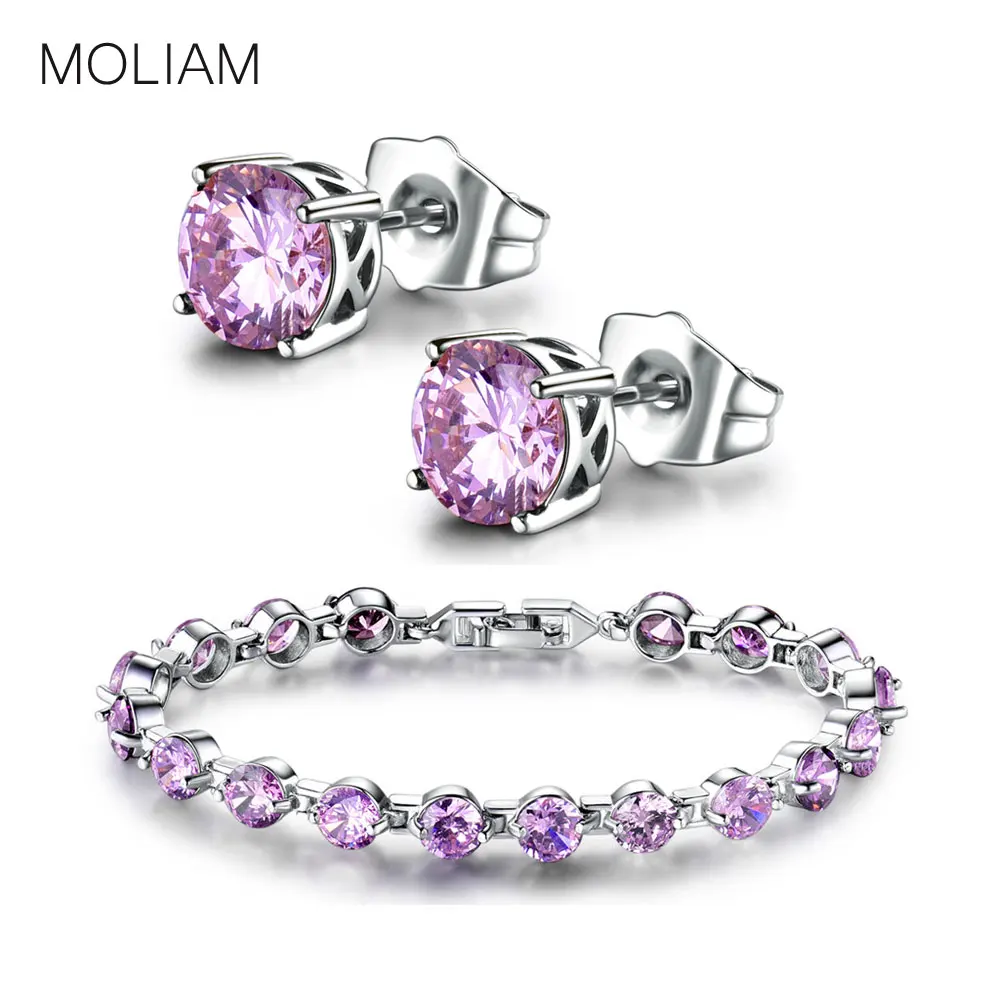 

MOLIAM Women Jewelry Set Silver Color Crystal Cubic Zirconia Earrings+Bracelets Set for Ladies Gift MLE029+MLL105