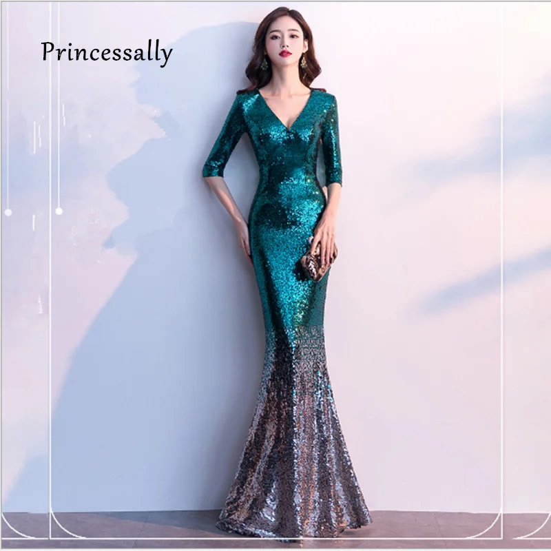 

New Sequin Mermaid Evening Dress Sexy V neck Half Sleeve Formal Banquet Elegant Prom Gown Robe De Soriee Vestido Longo Festa