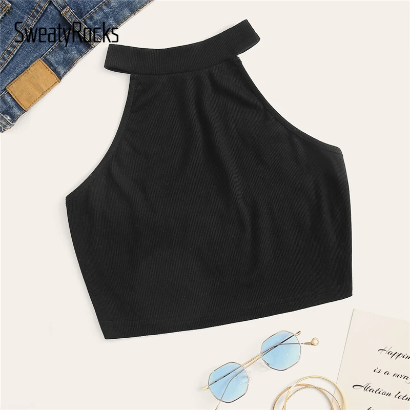 

SweatyRocks Solid Rib-knit Crop Halter Top Women 2019 Fashion Summer Casual Backless Tops Female Slim Fit Sexy Vest