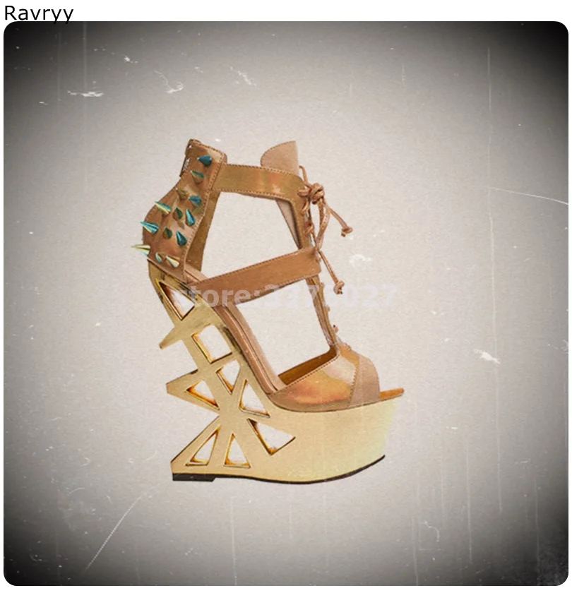 

Strange Style Woman sandals cut outs decor high heels cover heel rivets sexy pumps model fashion female party show single shoes