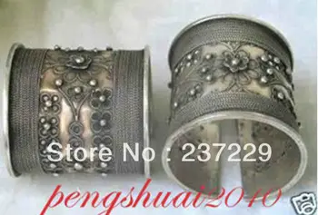 

Wholesale price FREE SHIPPING ^^^^Rare exquisite Tibet MENS fancy MIAO SILVER flower cuff open BRACELET
