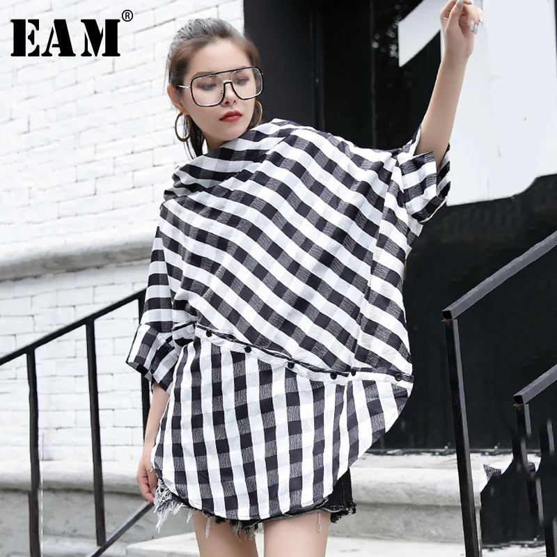 

[EAM] 2019 New Spring Summer Slash Neck Three-quarter Sleeve Black Plaid Split Joint Big Size T-Shirt Women Fashion Tide JG280