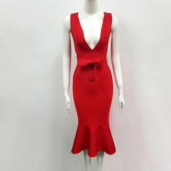 

Summer Fashion Sexy V Neck Red Mermaid Bandage Dress 2019 Knitted Elastic Bodycon Party Dress