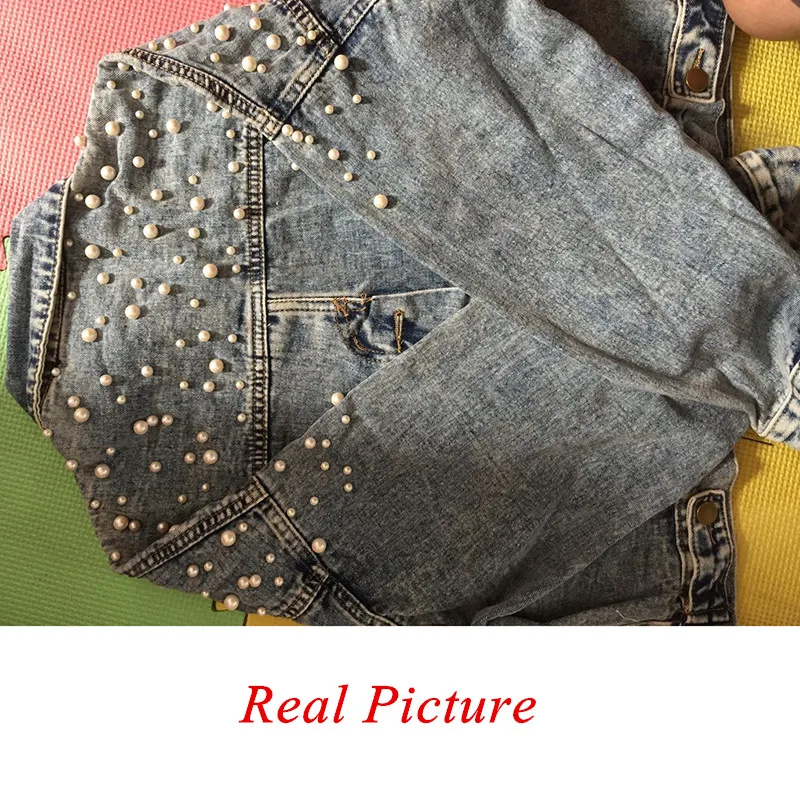 Vintage Women Jean Jacket Witrh Pearls Beading 2019 Spring Long Sleeve Pockets Denim Jackets Women Loose Outwear Female