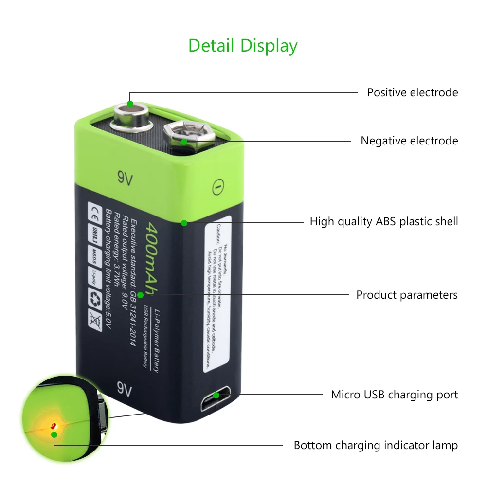 Lipo USB Перезаряжаемый 9V 400mAh ZNT Аккумулятор Автомобильное зарядное устройство