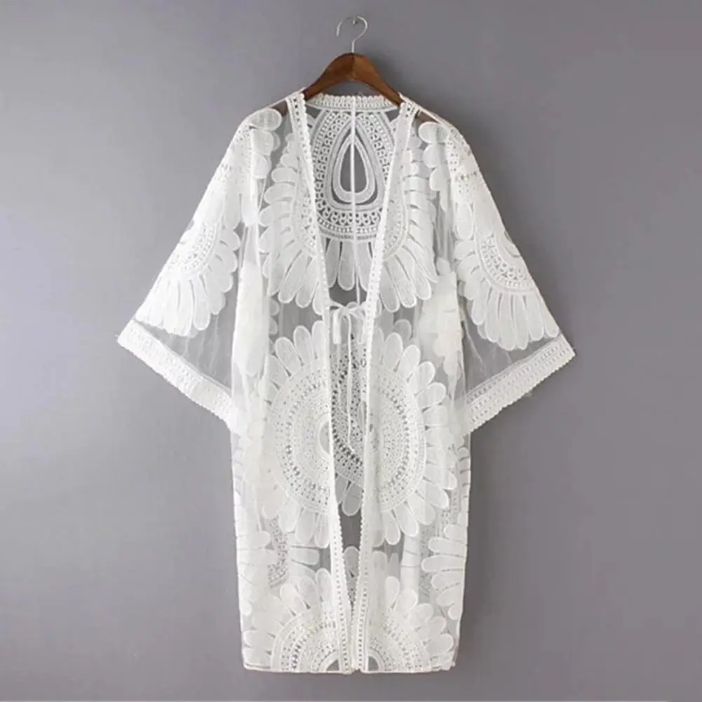 

Swimwear Summer Lace Hollow Crochet Beach Bikini Cover Up 3/4 Sleeve Women's Beach Swimwear Tops White Dress Beach Tunic Shirt