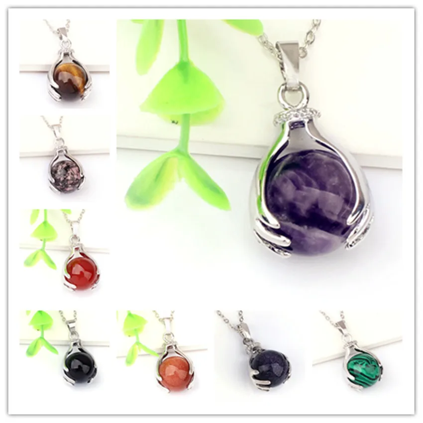 

100-Unique 1 Pcs Silver Plated Various Style Quartz Stone Round Beads Hand Shape Pendant Link Chain Necklace