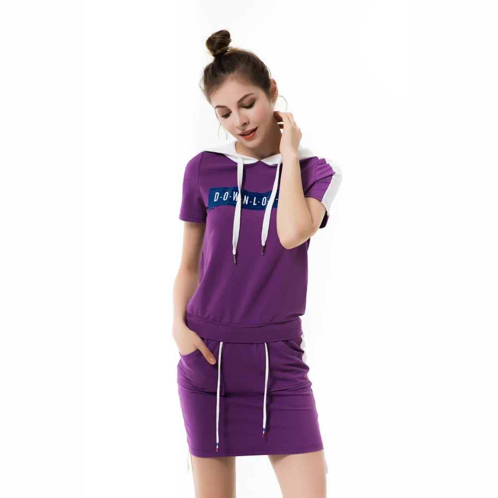 Комплект из двух предметов: фиолетовый пуловер с капюшоном и юбка, летний комплект с короткими рукавами и буквенным принтом, мини-юбка с