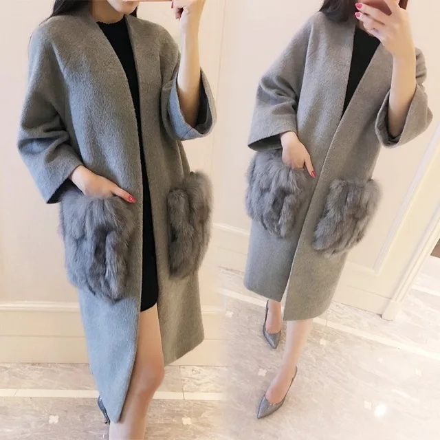 

fashion cashmere brand autumn grey jacket women vintage 2018 winter black long wool coat designer fox fur pocket luxury 6XL