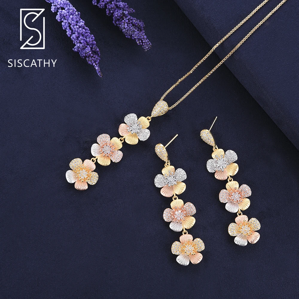 

SISCATHY Popular Flowers Layers Pendant necklace Drop Dangle Earrings fashion jewelry set Wedding Jewelry Earrings For Women