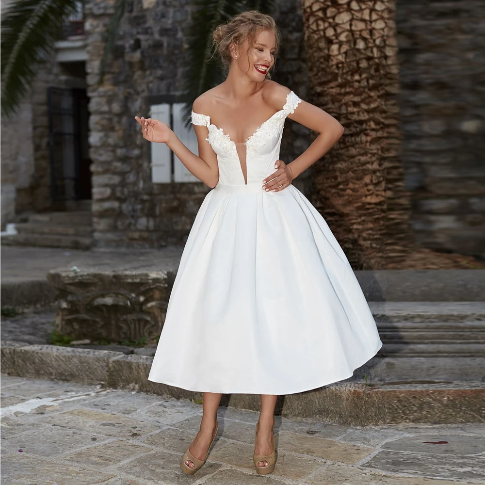 

vestidos de novia Boat Neck Short Wedding Dresses Sexy Back A-line Satin Vintage Tea-length Wedding Gowns robe de mariee