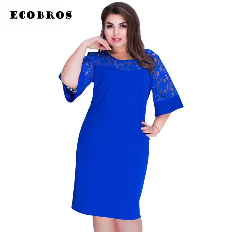 

Big size 6XL 2019 Spring Woman lace Dress Loose solid sexy Round neck Five-point sleeve knee dresses Fat MM plus size dress