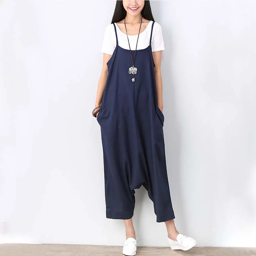 

Summer Loose Casual Overalls Women Solid Cotton Linen Ankle-Length Cross-Pants Overalls S/M/L