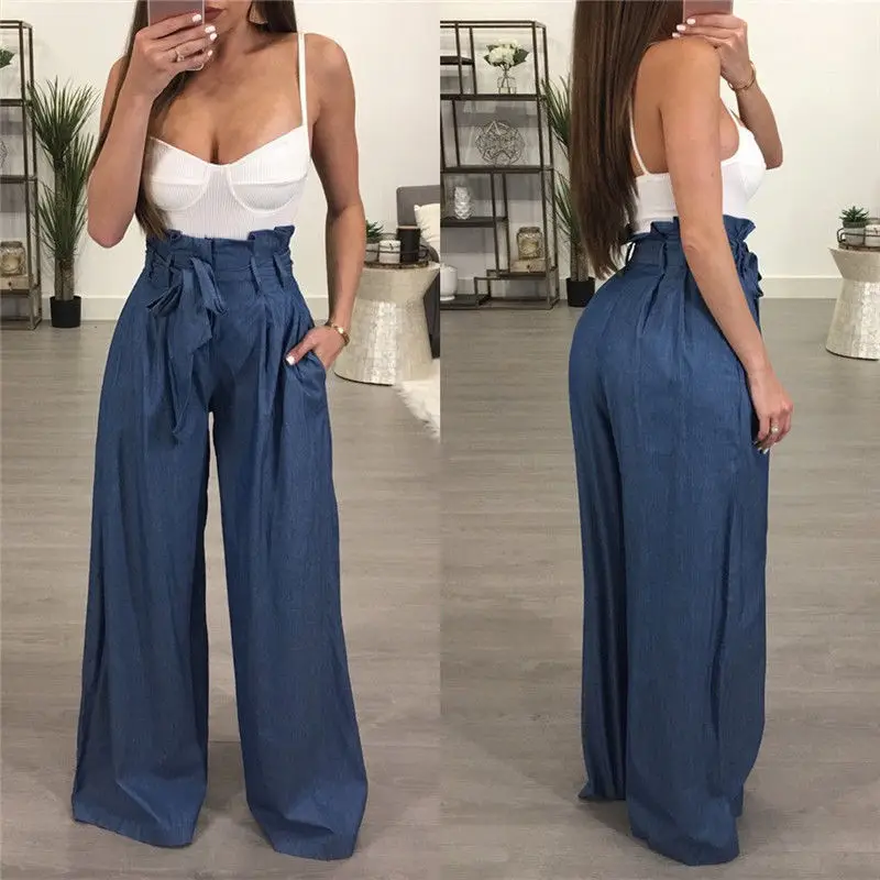 

2019 Women OL Office Loose Stretch High Waist Wide Leg Long Pants Palazzo New Trousers