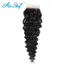 Ali Sky 100% Human Hair Extensions Brazilian Virgin Hair Deep Wave Lace Frontal Closure 8-20 Inch 4*4 Free Part