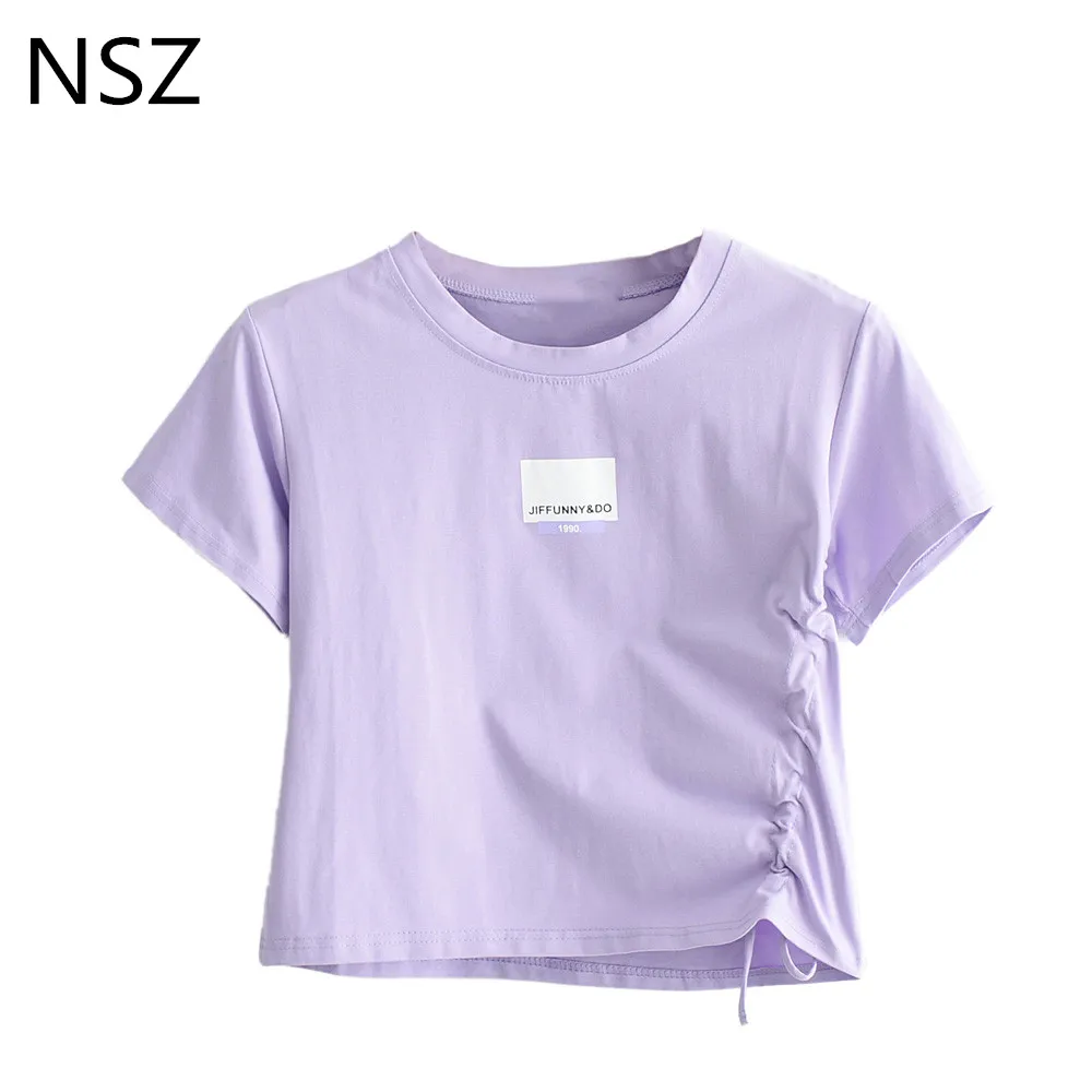 

NSZ Women Summer Tee Shirt Temme Short Sleeve Cropped Top Side Drawstring Short T Shirt Female Purple t-shirt Tunics