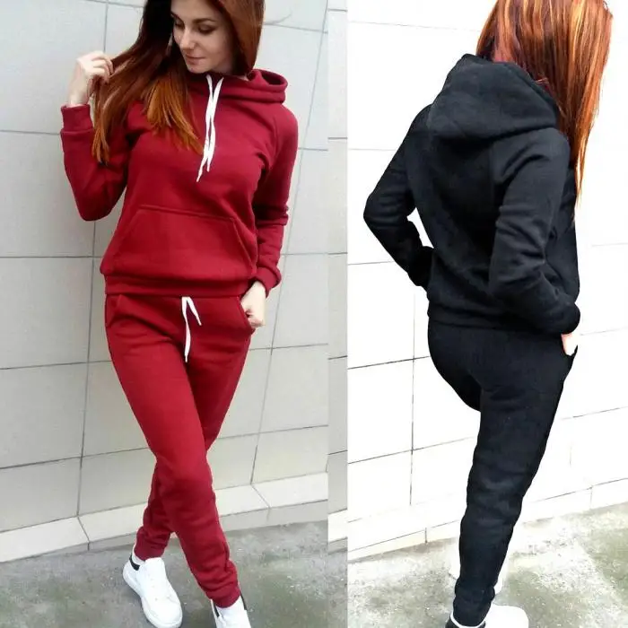 Autumn Winter Women 2 Piece Set Thick Long Sleeve Drawstring Solid Color Sportswear Ladies Girls Casual Tops+ Pants NFE99