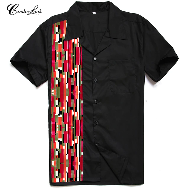 Best Price Summer Vintage Mens Shirts Chicago Punk Short Sleeve Red Camouflage Splicing Camisetas Hombre Bowling Shirts