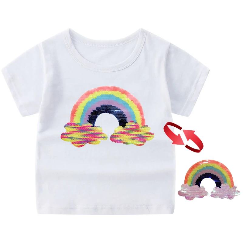 Летние футболки для девочек, разноцветные топы с блестками и короткими рукавами для девочек, футболка для девочек 3-12 лет, детская одежда, футболка