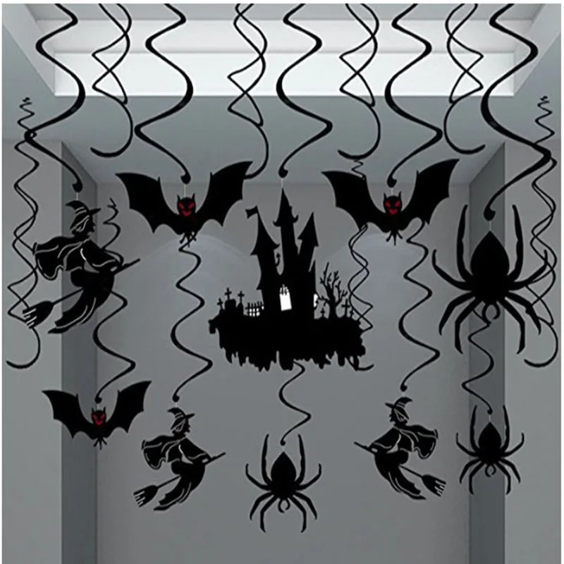 

30Pcs Black Halloween Party Hanging Swirls Witches Bats Spiders Castle PVC Spirals Ornaments Halloween Eve Decorations For Home
