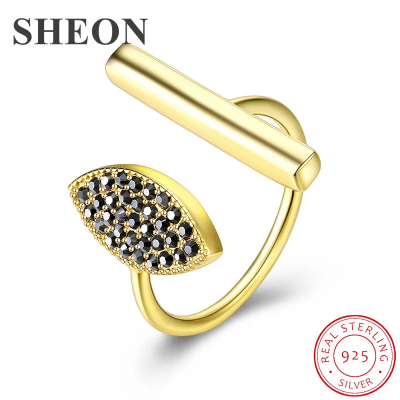 

SHEON 925 Sterling Silver Golden Personality Pave Black Crystal Open Adjustable Finger Rings for Women Sterling Silver Jewelry
