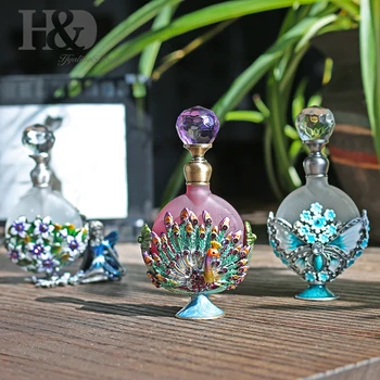 

H&D Decorative Perfume Bottles Empty Refillable Glass Essential Oil Bottles Adorned with Metal Angel/ Butterfly/Peacock Figurine