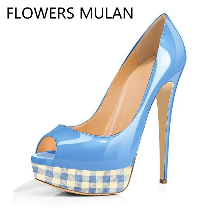 

Sky Blue Rose Red Shiny Patent Leather Women High Heels Pumps Chic Peep Toe Shallow Slip On Gladiators Plaid Platform Shoes Lady