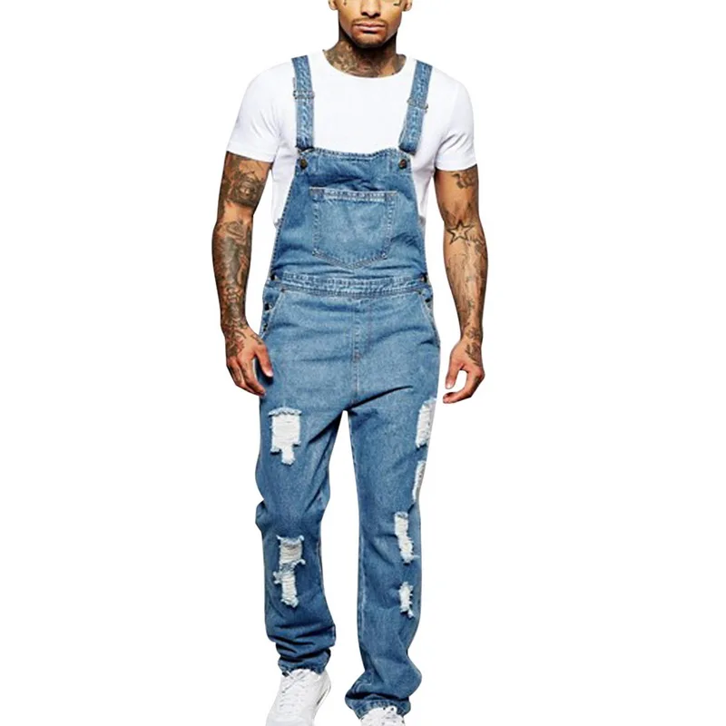 

MJARTORIA 2019 Men Denim Overall Bib Casual Workout Button Jumpsuit Casual Polyester Holed With Pocket Soild Full Length Jeans