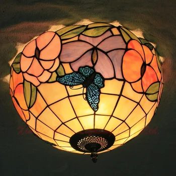 

European 12 inch E27 110-240V Pastoral butterfly Ceiling Light Tiffany Round Glass Lampshade lamparas de techo abajur