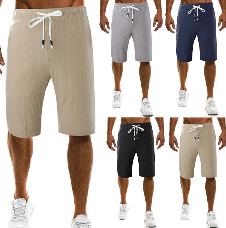 Men мужские летние дышащие шорты из хлопка и льна мужские свободные повседневные Шорты однотонные пляжные шорты серый черный