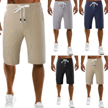 Men мужские летние дышащие шорты из хлопка и льна мужские свободные повседневные Шорты однотонные пляжные шорты серый черный