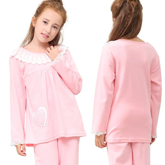 Teenage Girls Pajamas Set Children Sweet Lace Cotton Knitted Suit Long