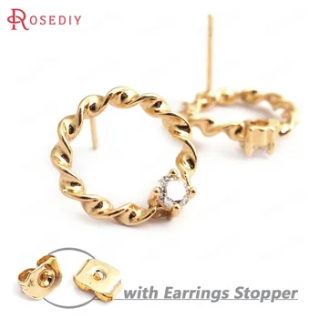 

(34963)4PCS 17MM 24K Gold Color Brass with White Zircon Twisted Circle Stud Earrings High Quality Accessories Jewelry Findings