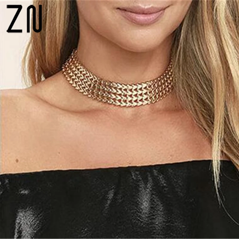 

ZN 2018 New Fashion Accessories Europe Fan Retro Exaggerated Necklace Geometry V Buckle Chain Necklace For Women