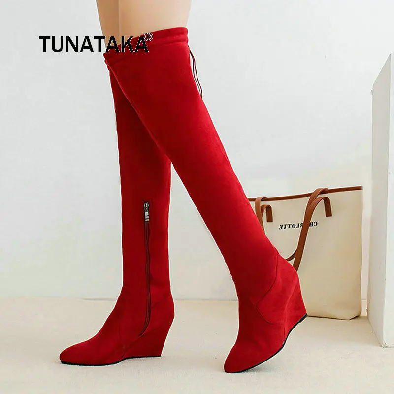 

Faux Suede Wedges High Heel Zipper Woman Over The Knee Boots Pointed Toe Lace Up Winter Stretch Boots Fashion Thigh Boots Black
