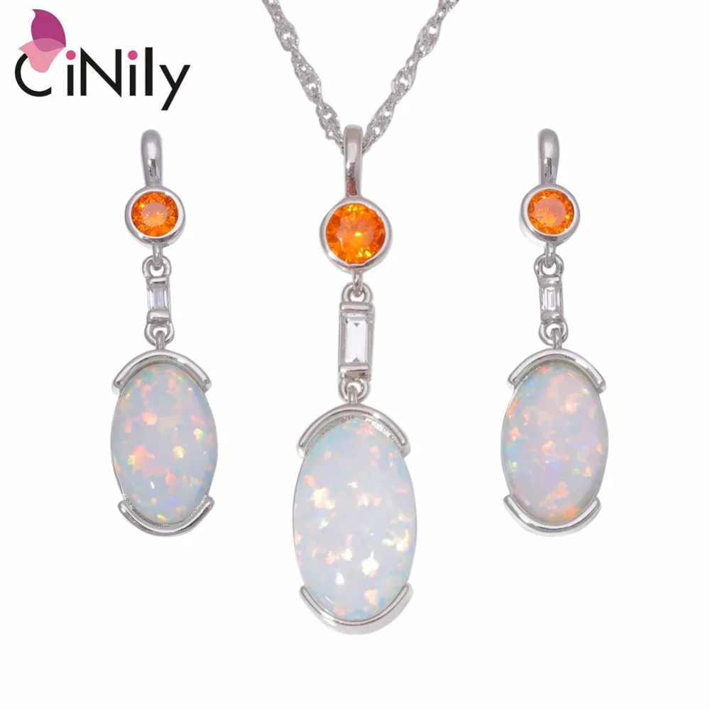 

CiNily Created White Blue Fire Opal Garnet Silver Plated Wholesale for Women Pendant Necklace Stud Earring Jewelry Set OT167-68