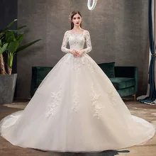 Новое Классическое белое свадебное платье с О-образным вырезом и длинным рукавом, простое кружевное платье с вышивкой со шлейфом на заказ, тонкое свадебное платье L