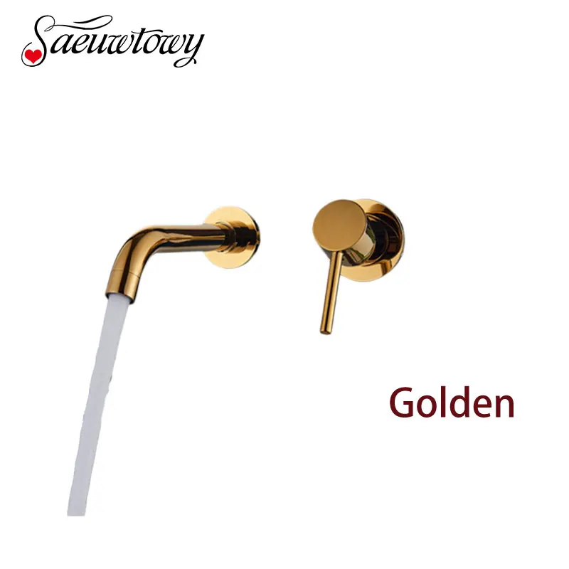 

Saeuwtowy Golden Concealed Bathroom Sink Faucet One Handle and Dual Holes Wall Mounted Hot and Cold Mixer Tap