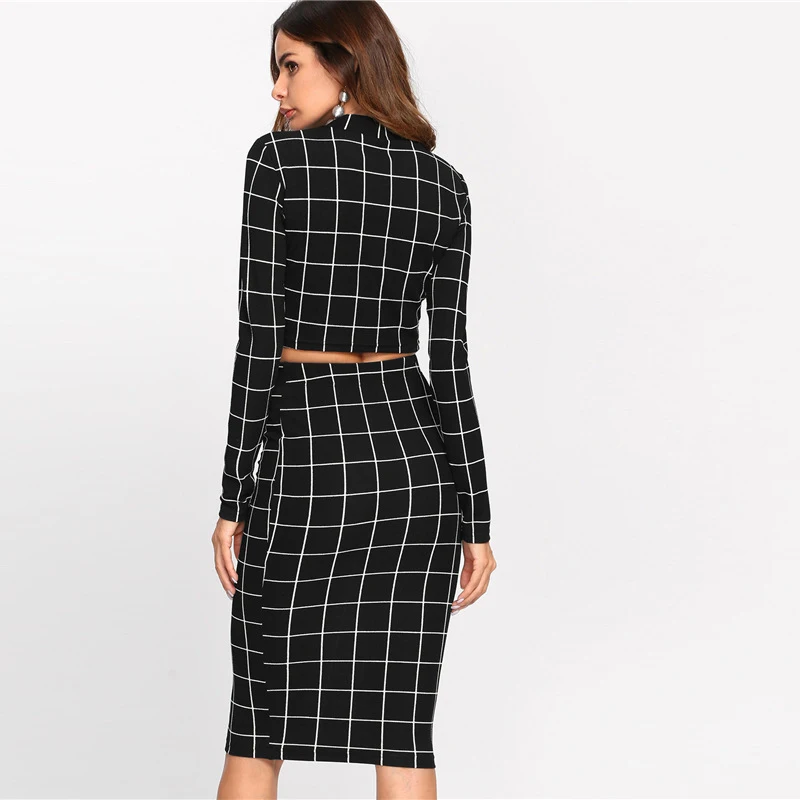 Zebery Stand Collar Long Sleeve 2 Piece Set Women Crop Grid Top & Pencil Skirt Co-Ord Ladies Elegant OL Style Twopiece