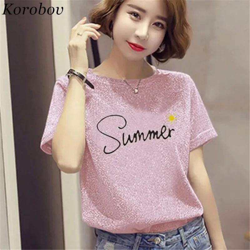 

Korobov 2018 Summer Korean Letters Women Tops Tee Print Bling O-neck Short Sleeve T Shirts Korean Pullover Female T-shirts 51158
