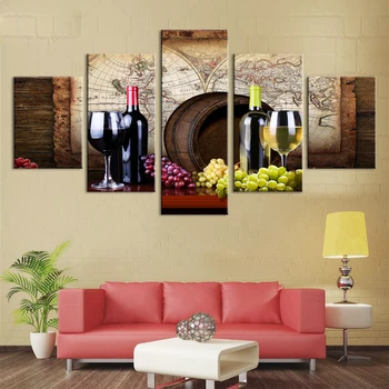 

New Fashion 5 Pieces Grapes And Wines Printed Canvas Painting Kitchen Room Wall Art Home Decoration