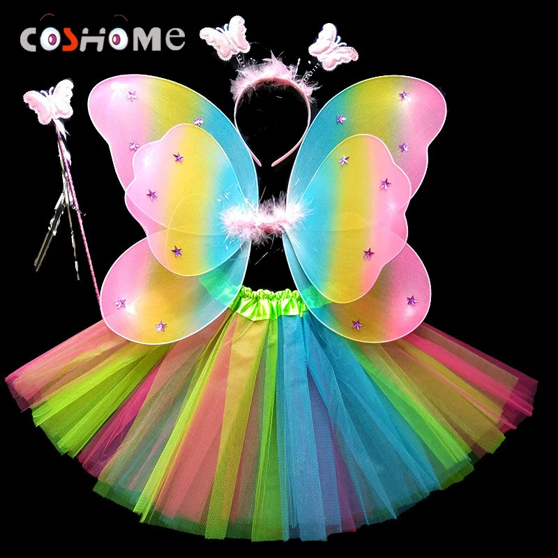 

Coshome Children Butterfly Cosplay Princess Costumes Baby Boys Girls Kids Performance Wings+Skirt+Headdress+Wands 4pcs/Set